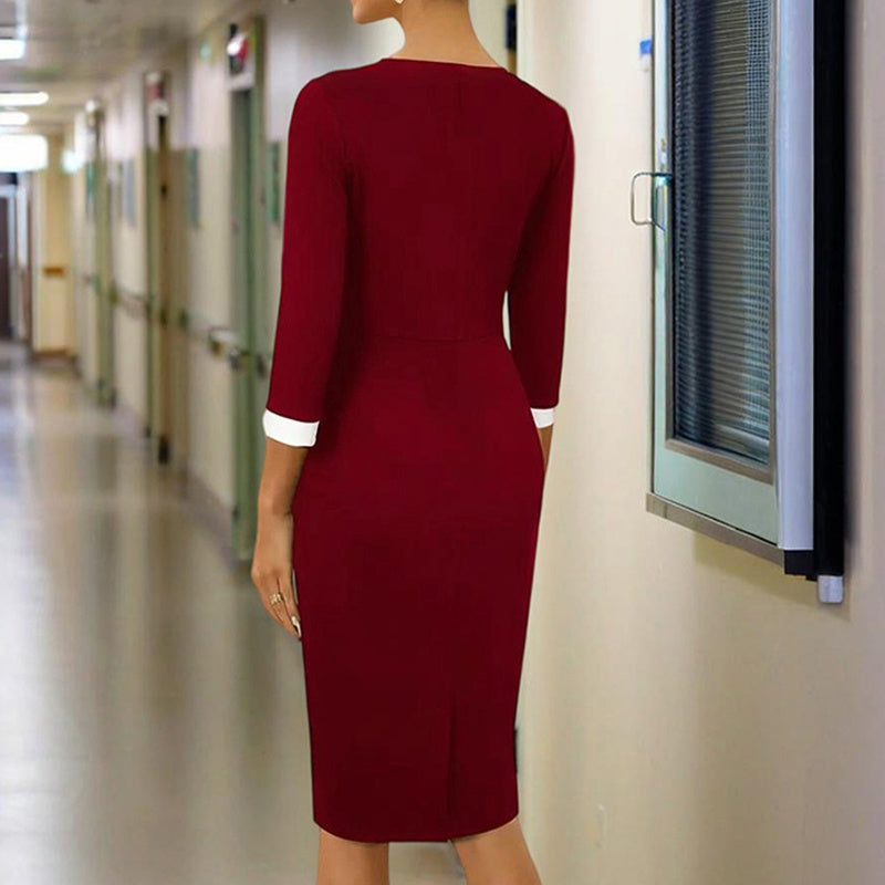 Women's Elegant Mid-Sleeve Package Hip Dress With Button Detail & Notched Collar - Office Casual Bodycon Dress For Spring&Summer - My Store