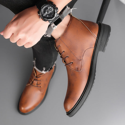Retro Lace Up Denim Trendy Mid-length Warm Non-slip Men's Martin Boots - My Store