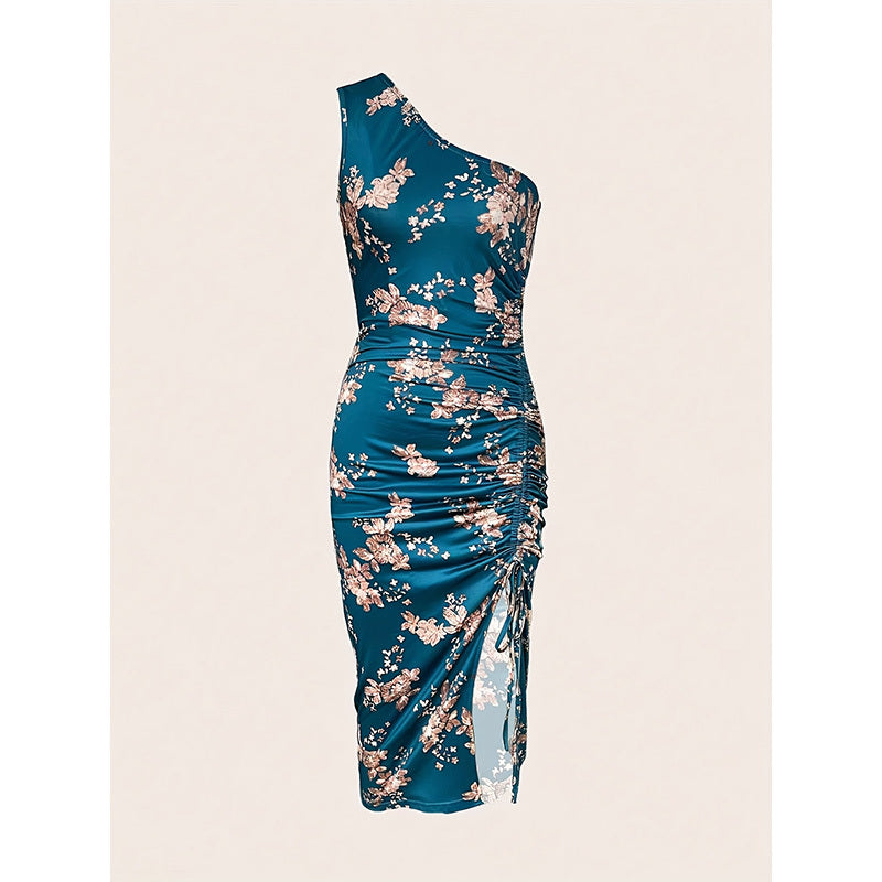 Women's One Shoulder Bodycon Dresses Summer 2025 Ruched High Split Floral Beach Cocktail Wedding Guest Dress - My Store