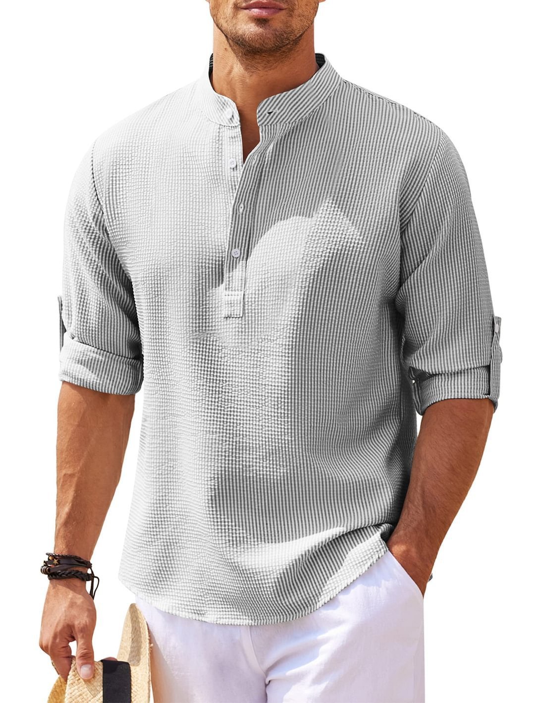 Men's Casual Shirt Long Sleeve Stand Collar Solid Color Shirt Mens Clothing - My Store