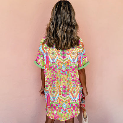 Women's Loose Fit Geometric Print Short Sleeve Dress - Casual Summer Button Front Dress, Comfortable & Stylish - My Store