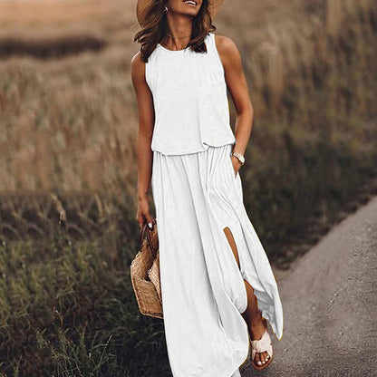 Women's Maxi Dress Summer Sleeveless Crewneck Sundress Casual Loose Long Dresses With Pockets - My Store