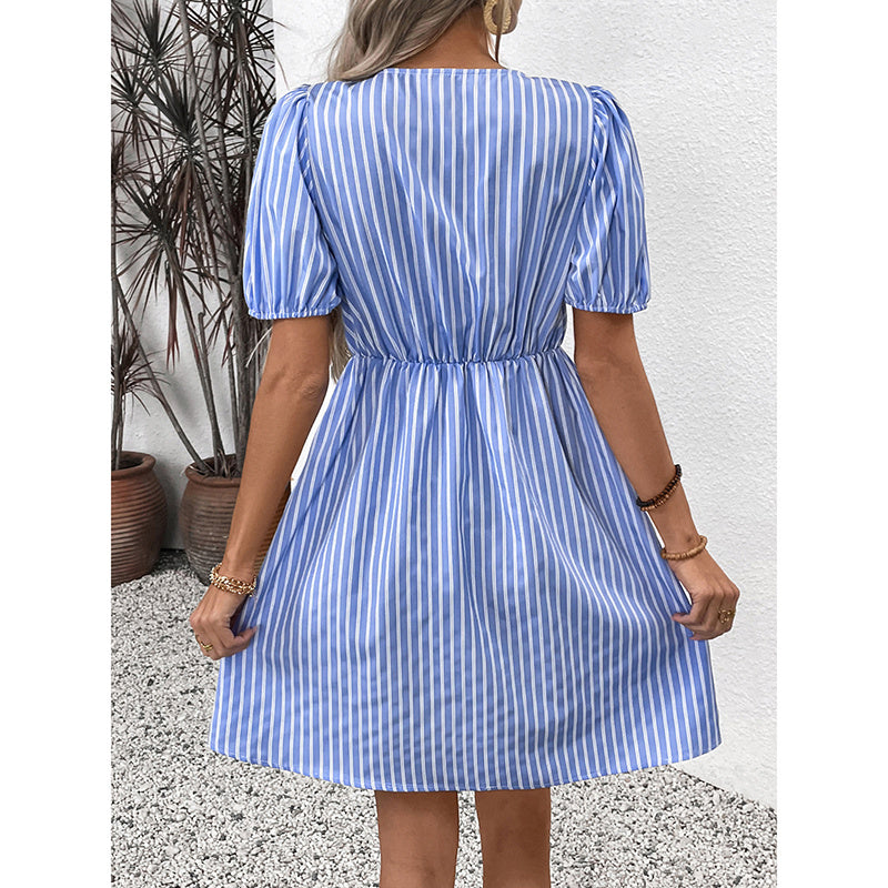 Women's Striped Tie Front Puff Sleeve Summer Casual Mini Dresses Loose Flowy Sundress - My Store