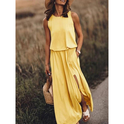 Women's Maxi Dress Summer Sleeveless Crewneck Sundress Casual Loose Long Dresses With Pockets - My Store