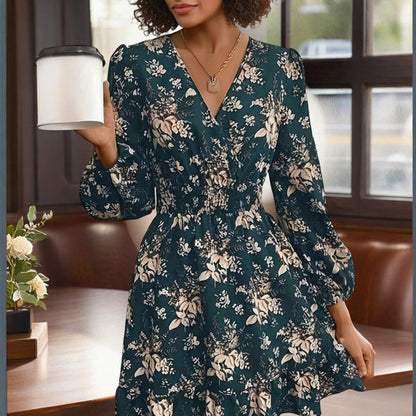 Women's V-Neck Floral Print Long Sleeve Dress With Lantern Sleeves, Ruffled Elastic Waist A-Line Midi Boho Summer Dress - My Store