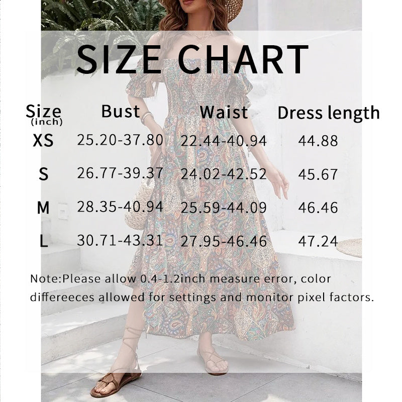 Women's Off The Shoulder Dresses Boho Flowy Smocked Maxi Sundress Beach Vacation Summer Dress - My Store
