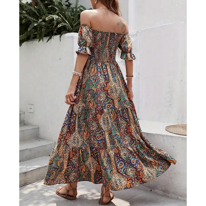 Women's Off The Shoulder Dresses Boho Flowy Smocked Maxi Sundress Beach Vacation Summer Dress - My Store