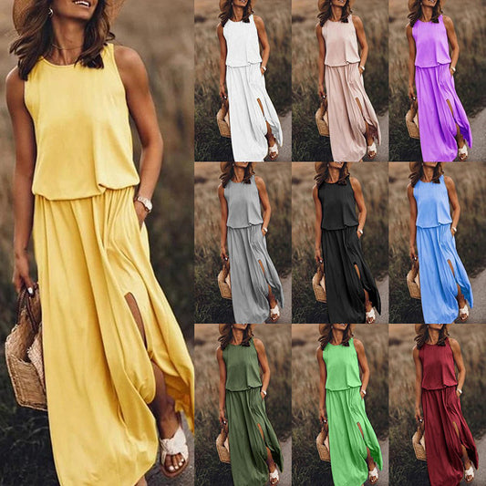 Women's Maxi Dress Summer Sleeveless Crewneck Sundress Casual Loose Long Dresses With Pockets - My Store