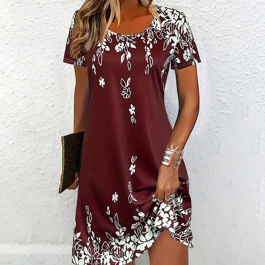 Women's Summer Boho Dress Vintage Floral Print Short Sleeve T-Shirt Sundress Beach Casual Dress - My Store