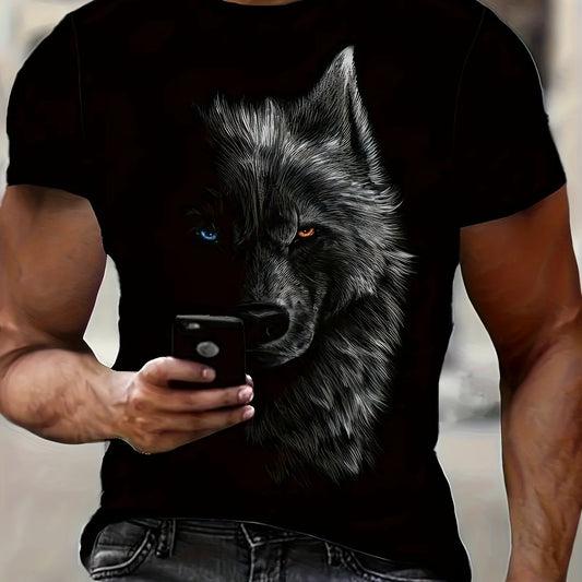 3D Digital Cool Wolf Contrast Color Eye Pattern Round Neck T-shirt, Men's Summer Outdoor Activity Fashion Top - My Store