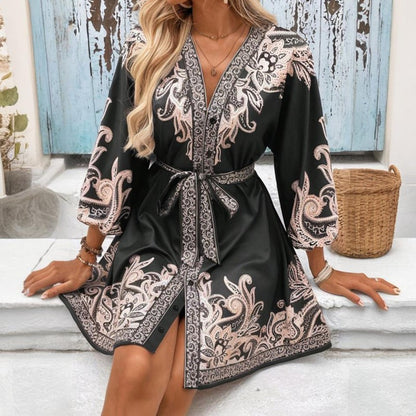 Women's Elegant V-Neck Floral Print Dress - Lantern Sleeve Wrap Waist Belted Midi Dress For Spring&Summer Vacation - My Store
